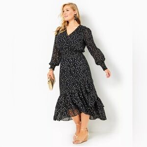 Lilly Pulitzer Cristiana Black & Gold Dot Fil Coup Long Sleeve Midi Dress Size 8